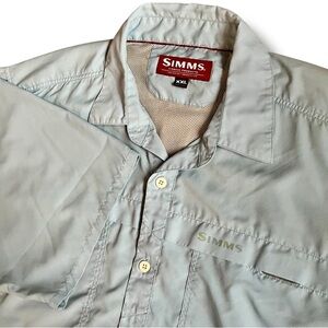 Simms Fishing Shirt Mens 2XL Blue Button Up Cargo Pockets Vented Stretch Mesh